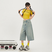 美式高街穿搭复古阔腿牛仔裤女2024夏季新款小个子设计感七分裤子
