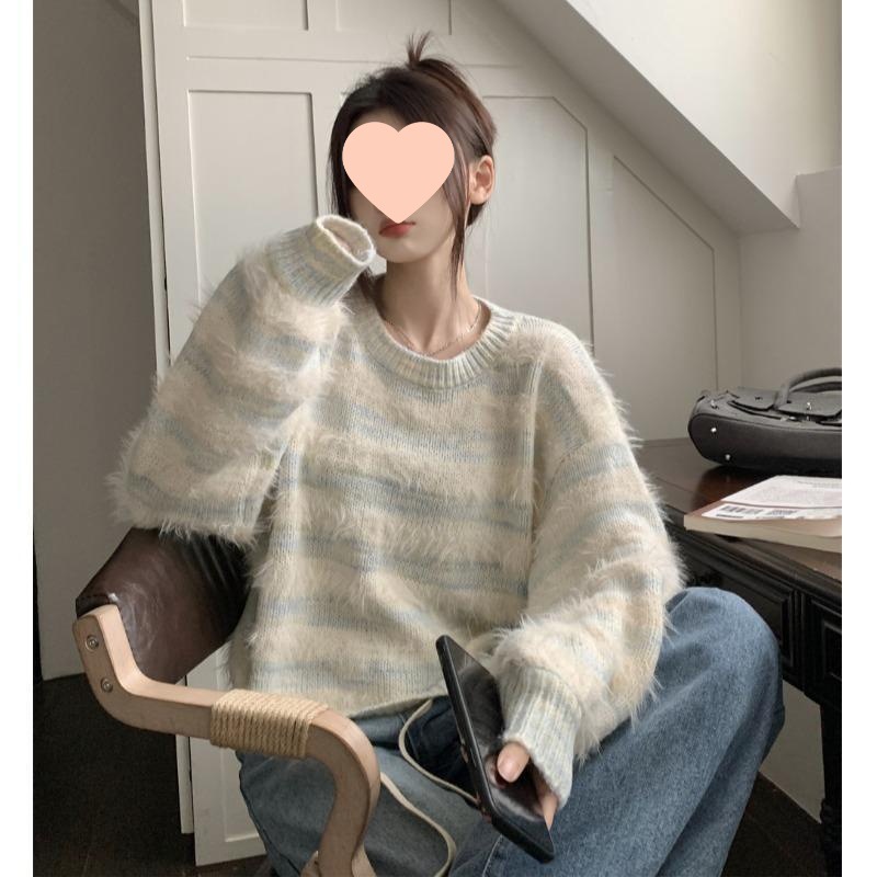 粉色水毛软糯套头毛衣女秋冬设计感宽松慵懒加厚甜美毛绒针织衫女