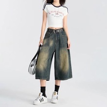 美式高街阔腿7分牛仔裤女夏季复古水洗做旧高腰直筒宽松牛仔中裤