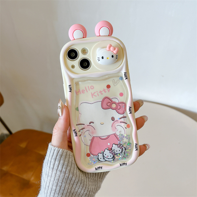 适用苹果16手机壳iPhone15promax立体耳朵KT猫推窗17流沙可爱卡通