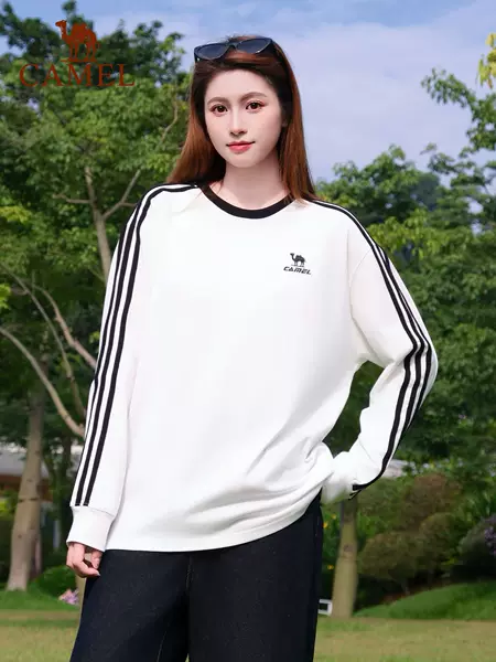 Camel's new soft, round-neck, long-sleeved T-shirt for women, a heavyweight casual base layer, pure cotton outdoor sports sweatshirt for men