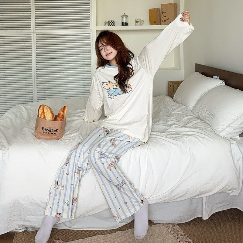 润妈【轻柔软】巴迪小狗睡衣女春秋纯棉长袖卡通腊肠狗条纹家居服