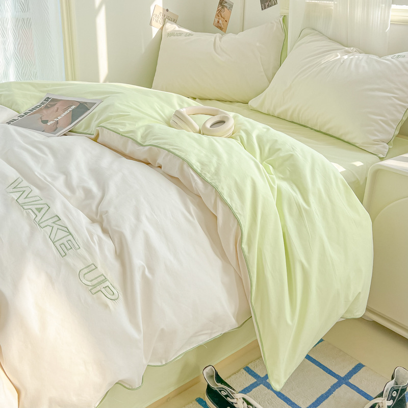 Bordado de cuatro piezas de algodón lavado 2024 nueva ropa de cama funda de edredón sábana dormitorio de estudiantes sábana de tres piezas 34