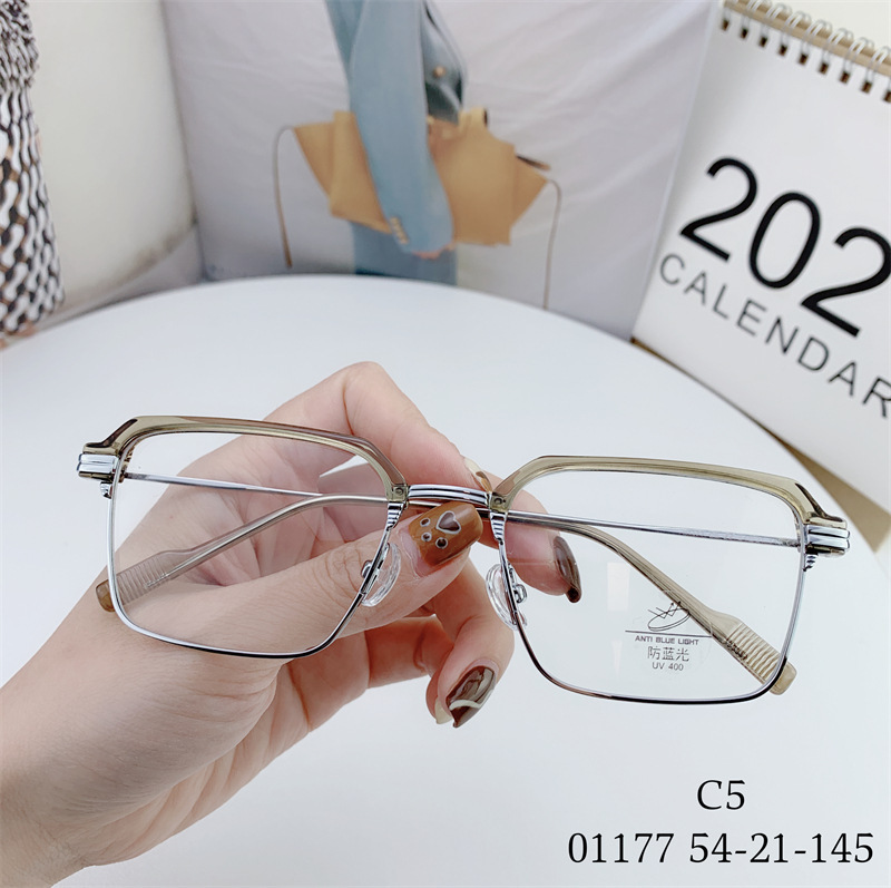 01177 Metal New Half-frame Square Matching Men's Fashion Anti-blue Light Flat Glasses Frame Women's Fashion
