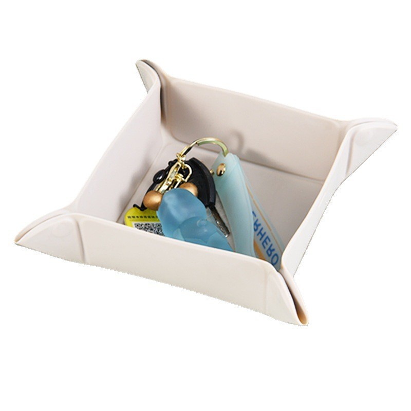 Caja de almacenamiento de escritorio de cuero PU, bandeja de almacenamiento plegable para llaves pequeñas, cosméticos y artículos diversos, almacenamiento de pequeños adornos.