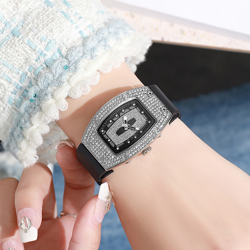 Barrel-shaped Diamond-inlaid Quartz Strap Women's Watch Fashion Trendy Temperament Ladies Wristwatch Silicone Watch Wholesale White