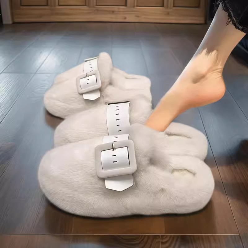 Zapatillas de pelo rojo de Internet explosivas mujeres otoño e invierno 2024 nuevo fondo blando moda Fondo grueso para mantener el calor en casa Baotou Cotton Tower