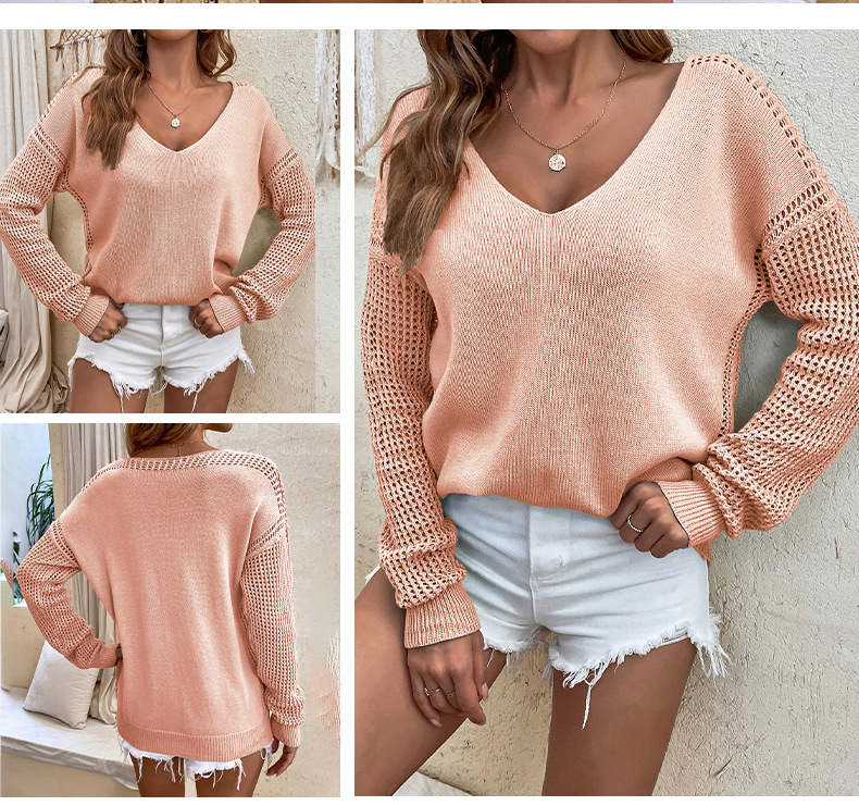 solid color hollow V-neck pullover knitted sweater NSMMY139024