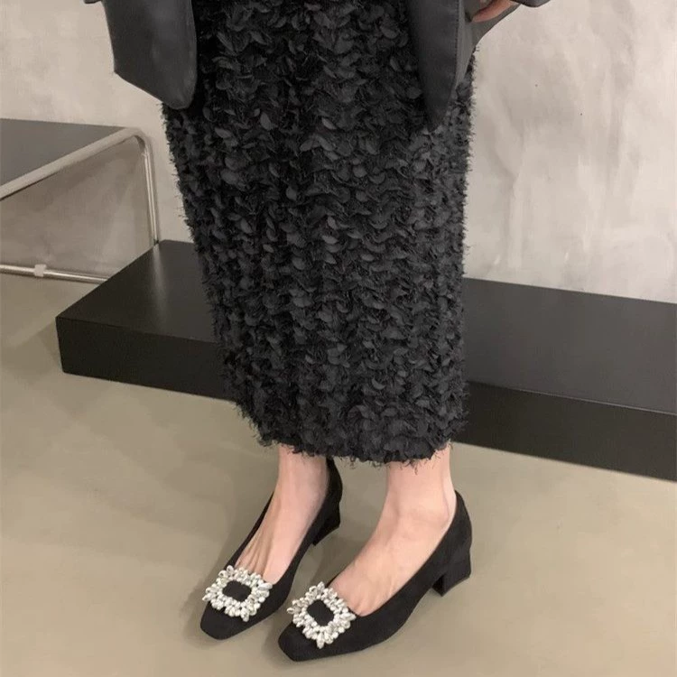 Элегантные Пригородные однослойные туфли на массивном каблуке, новинка 2024 года, весна-осень, туфли на высоком каблуке с квадратным носком и стразами, Высококачественная Однослойная обувь, женская обувь