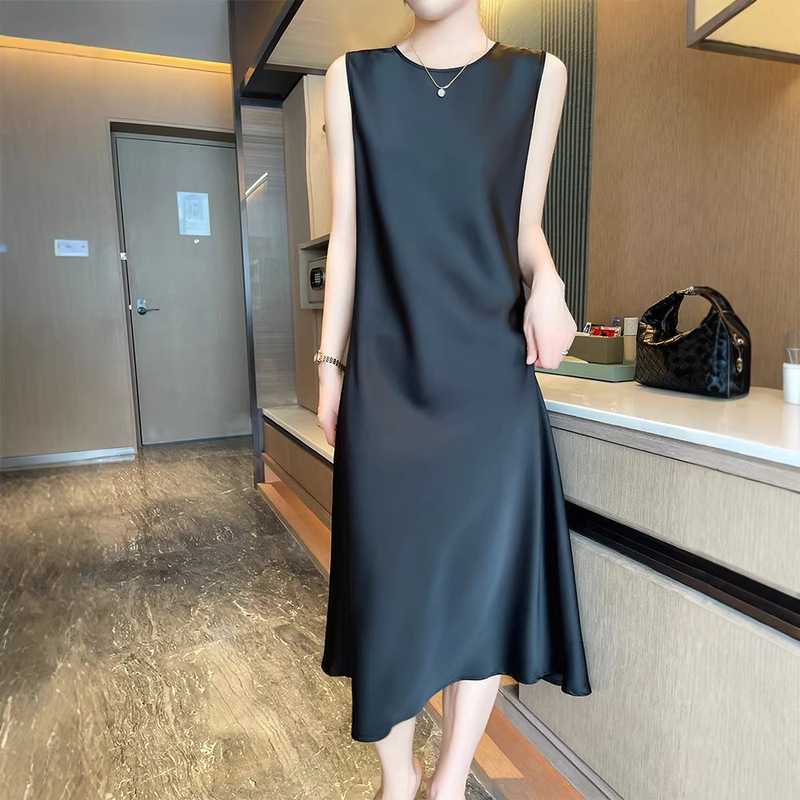 Simulated Silk Satin New Style Women's Long Suspender Dress with Round Neck, Elegant Over-The-Knee Long Skirt, Solid Color Versatile Dress