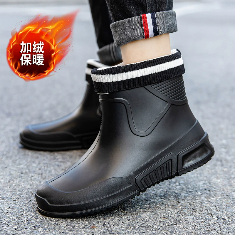 Дождевая обувь мужская женская кухня строительная площадка водонепроницаемая обувь кухня на открытом воздухе толстый бархатный хлопок теплый короткая резиновая обувь резиновые сапоги для оптовой продажи