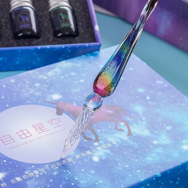 Starry Sky Crystal Glass Dip Pen, Ancient Style Fairy-Like Internet Celebrity Color Ink Crystal Pen, Glass Fountain Pen High-Value Set