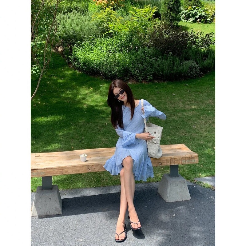 Midsummer Wind Chime Double-Sided Silk Light Luxury Round Neck Flared Sleeve Slimming Mermaid Dress Green Blue Sheer Women's Dress