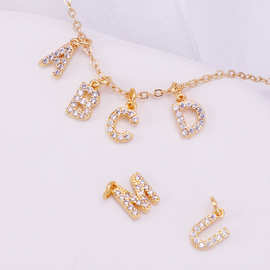 保色锆石英文小字母吊坠 DIY混搭铜镀真金微镶26个字母项链坠子