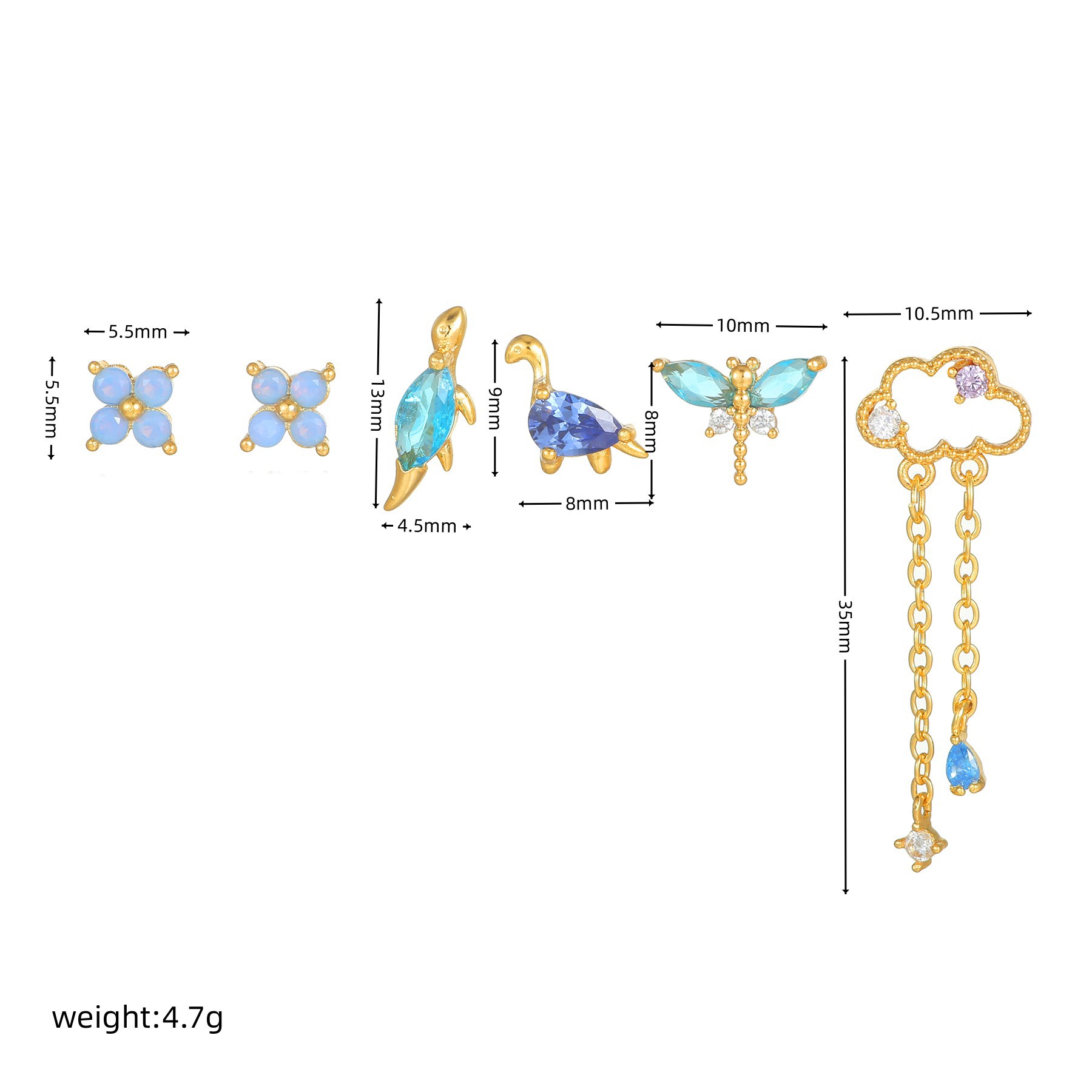 Women'S Gender Inlay Design Cute Clouds Dinosaur Flower Copper Inlaid Zircon Earrings 1 Set