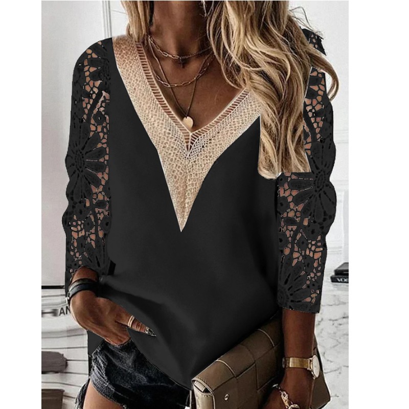 Women's Nine Points Sleeve Blouses Patchwork Hollow Out Elegant Solid Color display picture 2