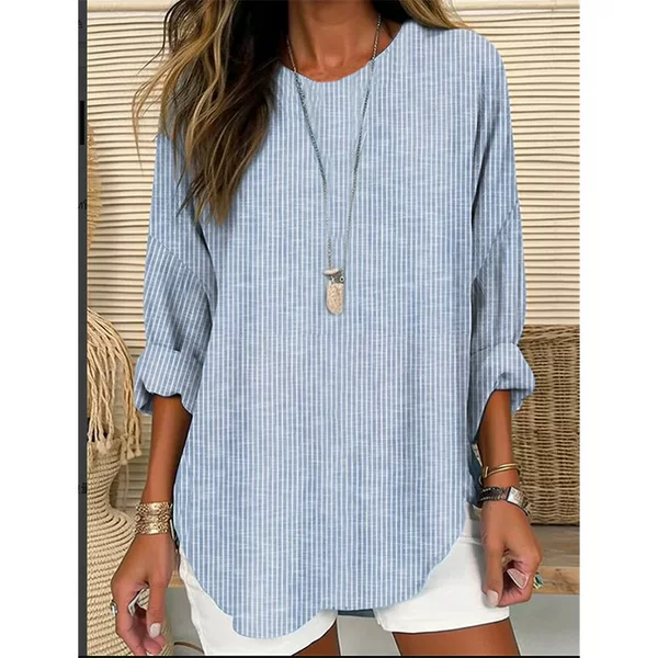 Amazon's 2025 Spring New Fashion Woven Women's Retro Striped Design Loose Long-Sleeved Round-Neck Top