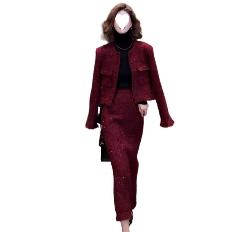 싱글 | 세트 가을과 겨울 새로운 소스 과일 붉은 향기로운 프랑스 스타일 할로윈 세트 슬리밍 세련된 우아한 투피스 세트