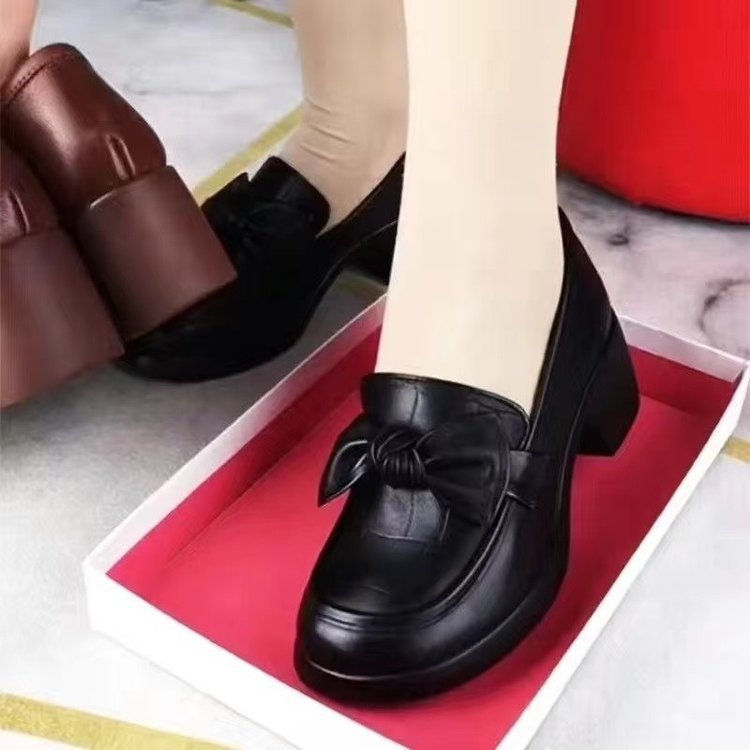 蝴蝶结粗跟小皮鞋女2025秋季新款百搭一脚蹬厚底单鞋软皮乐福鞋女|undefined