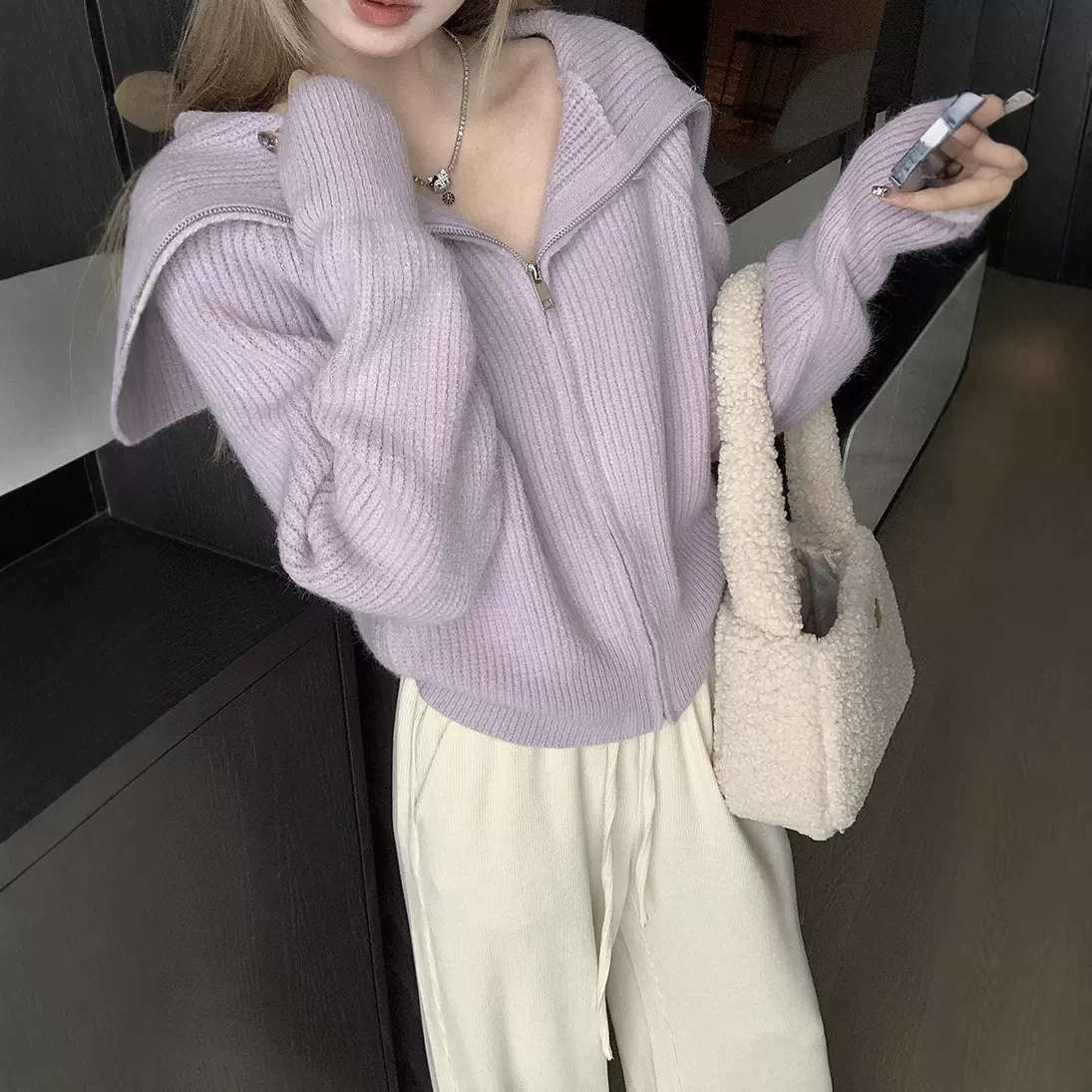 韩系大翻领毛衣外套女2025新款双拉链纯色简约宽松慵懒风针织开衫