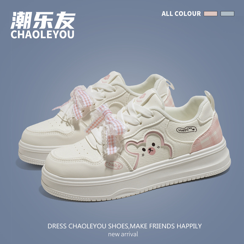 White Sneakers for Women 2026 Spring and Autumn New Style with Bowknot and Cute Bear Design, Versatile Casual Sports Shoes, Soft-Soled Shoes for Students