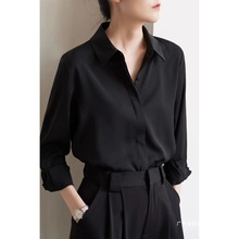 气质黑色雪纺衬衫早秋法式通勤长袖衬衫女士职业质感正肩衬衣上衣