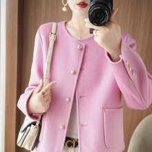 100纯羊毛双面呢大衣女式圆领短款开衫秋冬新款小金扣双兜外套潮