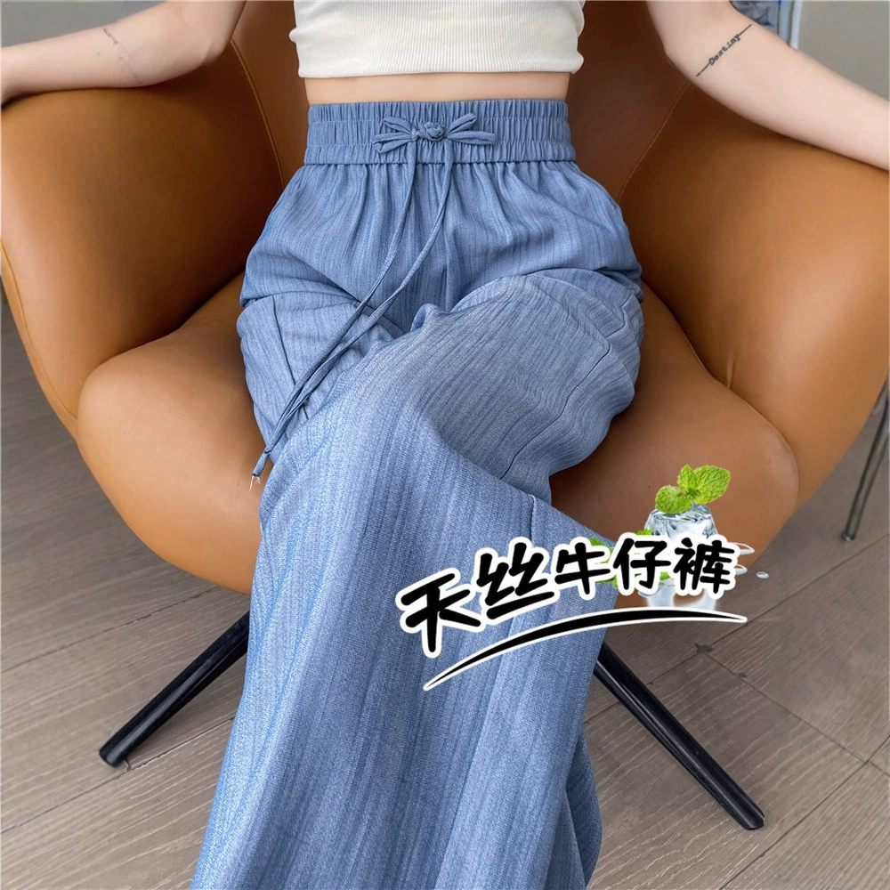 Широкие брюки из ледяного шелка для женщин, летние тонкие брюки 2025, новые прямые брюки, новые повседневные джинсы из тенселя в китайском стиле
