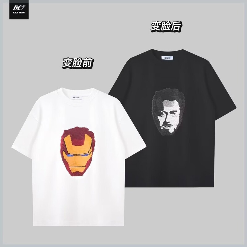 Flip Two-Color Sequin Iron Man Round Neck Face-Changing Pattern Short-Sleeved T-Shirt for Men and Women Summer Color-Changing Sequin Loose Top