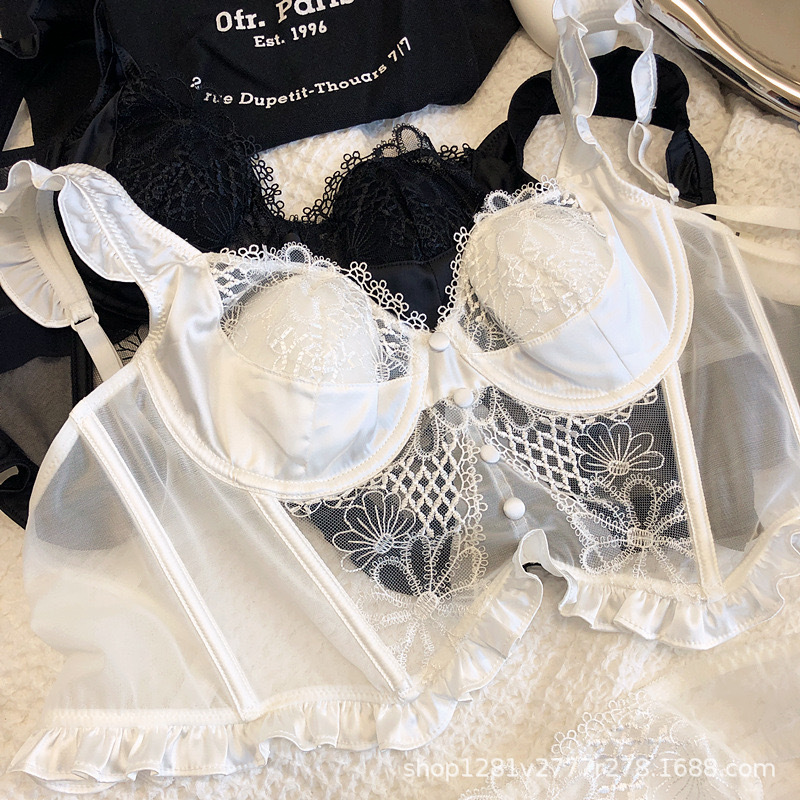 French Lace Rabbit Ear Cup with Steel Ring Sexy Vest Fish Bone Shaping Body Lengthened Bra Flying Sleeve Underwear suit