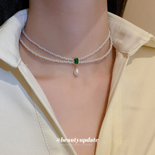 祖母绿方形镶钻珍珠双层项链法式复古设计感颈链锁骨链时尚OL项饰