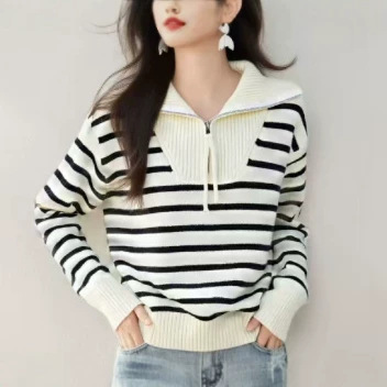 Large Collar Black and White Striped Sweater for Women, Autumn/Winter French Niche Lazy Style Loose Fit Navy Collar Knit Top Trendy