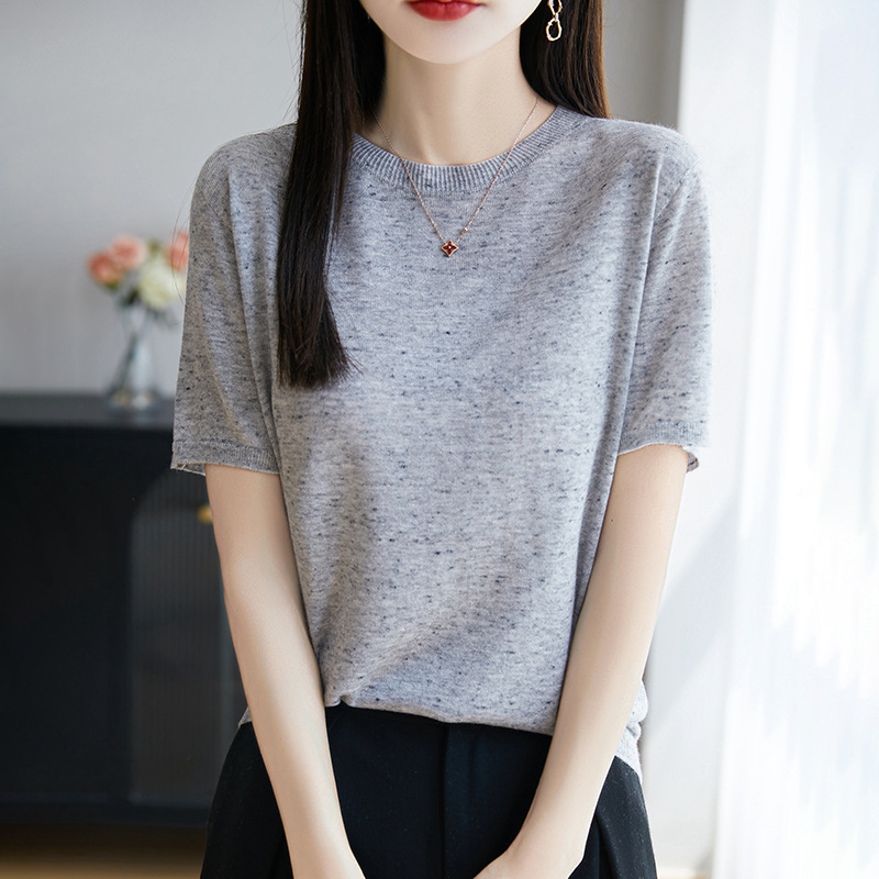 カラフルなヌイジイカラフルなスプレーポイント糸ワンライン既製服シームレスニット半袖ウールブレンドトップ|undefined