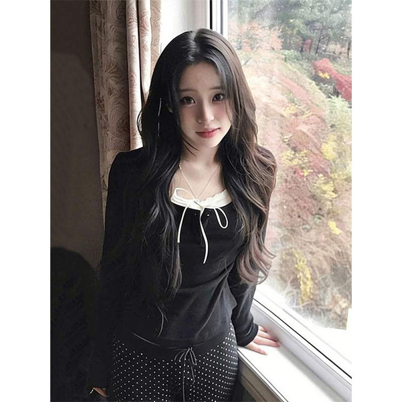Black Patchwork Lace Bow Long-Sleeve T-Shirt for Women, Spring and Autumn, Faux Two-Piece, Waist-Cinching, Slim-Fit, Flattering, Trendy Top