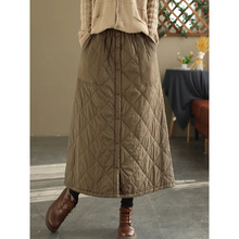 现货复古冬季菱格夹棉加厚半身裙女文艺百搭保暖插袋显瘦棉裙子女