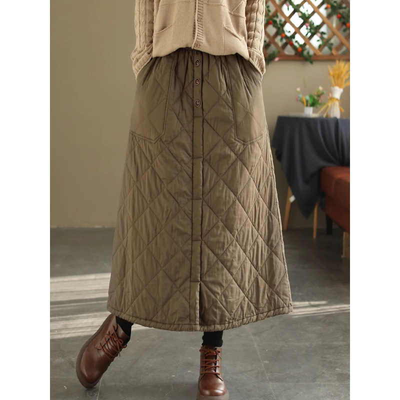 现货复古冬季菱格夹棉加厚半身裙女文艺百搭保暖插袋显瘦棉裙子女