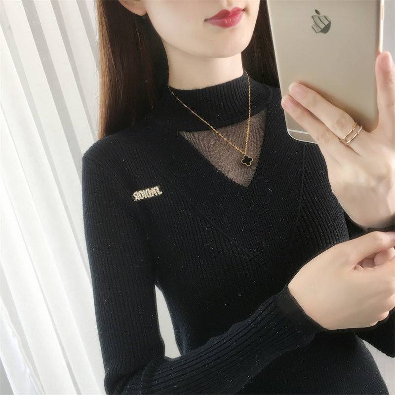 Top para mujeres 2023 nuevo Otoño e Invierno SLIM-Fit medio cuello alto encaje estilo occidental suéter de manga larga de punto camisa de moda image 9