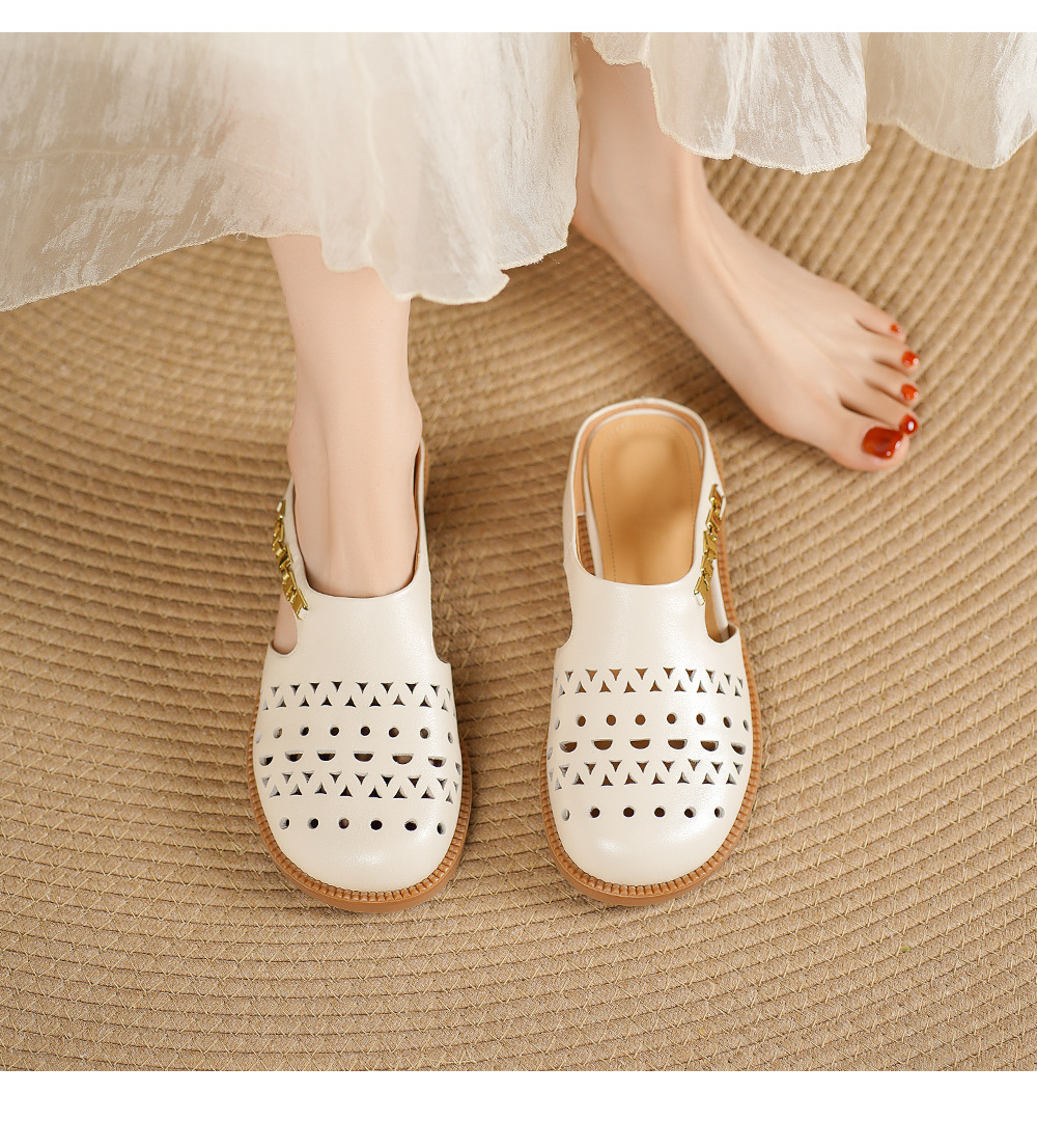 Dép sandal nữ da bò mũi trùm đế bệt kiểu lỗ thoáng khí — đen chi tiết 5