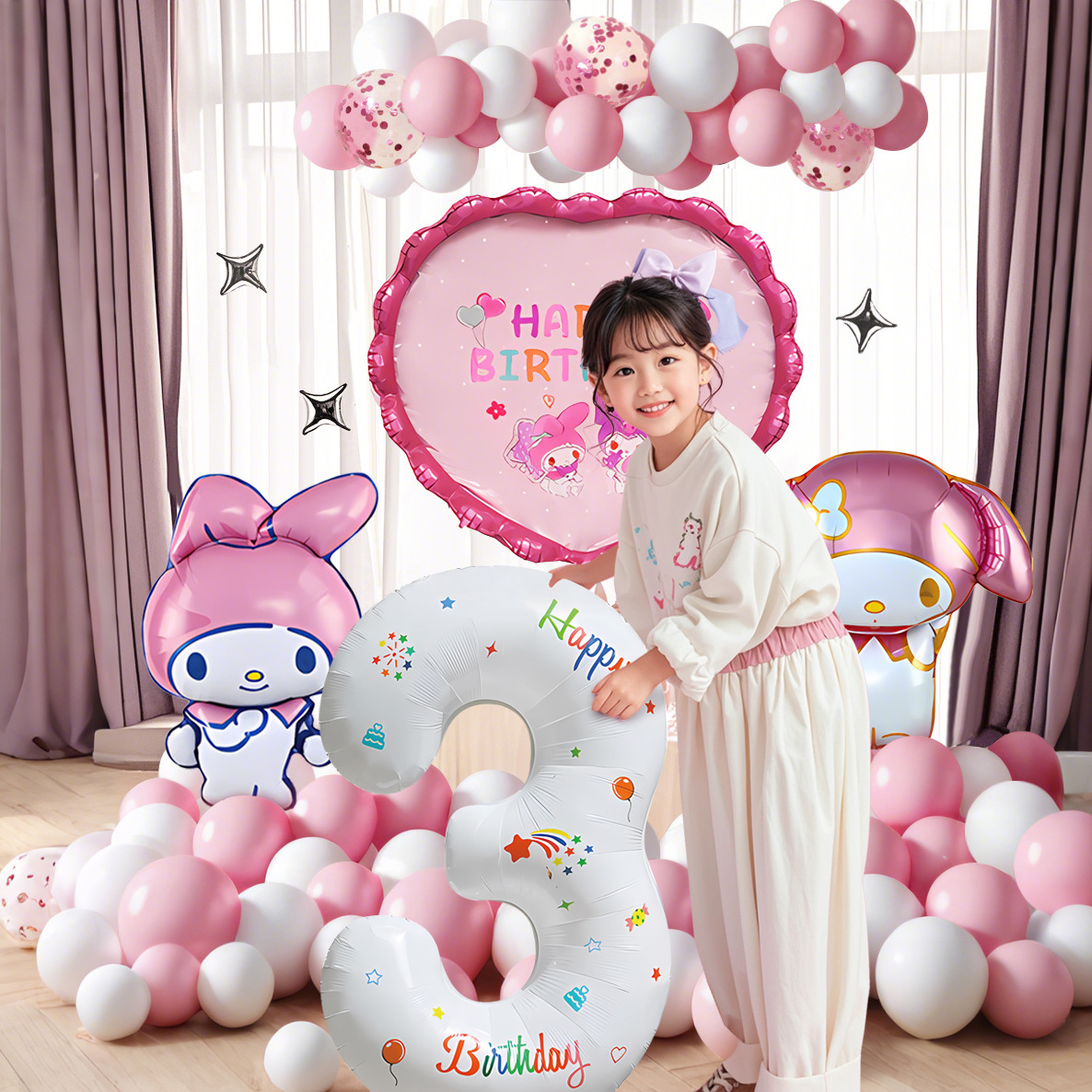 Cuolomi tema decoración de escena de cumpleaños de 3 años de edad niñas tesoros niñas celebridades en línea fiesta globo pared de fondo 5