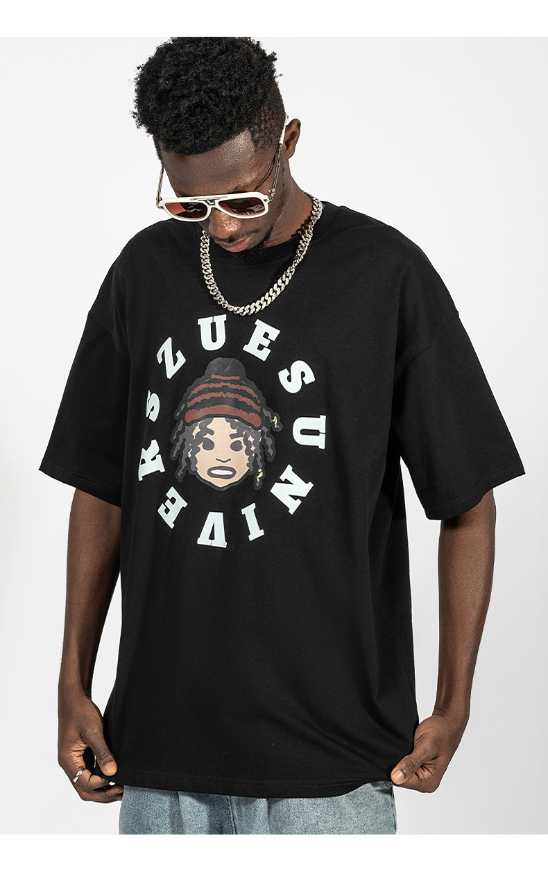 Street trendiges, kleines, schwarzes T-Shirt mit kurzen Ärmeln und lockerem Oversize-Design für Frühling/Sommer, Unisex_voghion.com