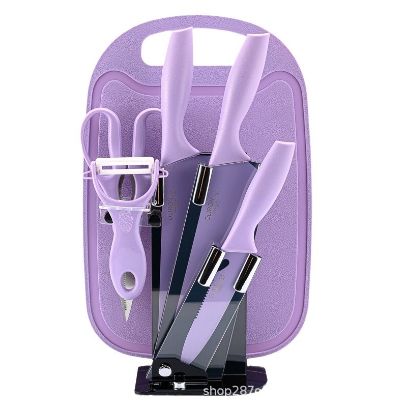 Yangjiang cuchillo 7 piezas conjunto asiento de acrílico cuchillo de cocina de acero inoxidable tijeras suplemento de alimentos para bebés tabla de cortar combinación traje de regalo
