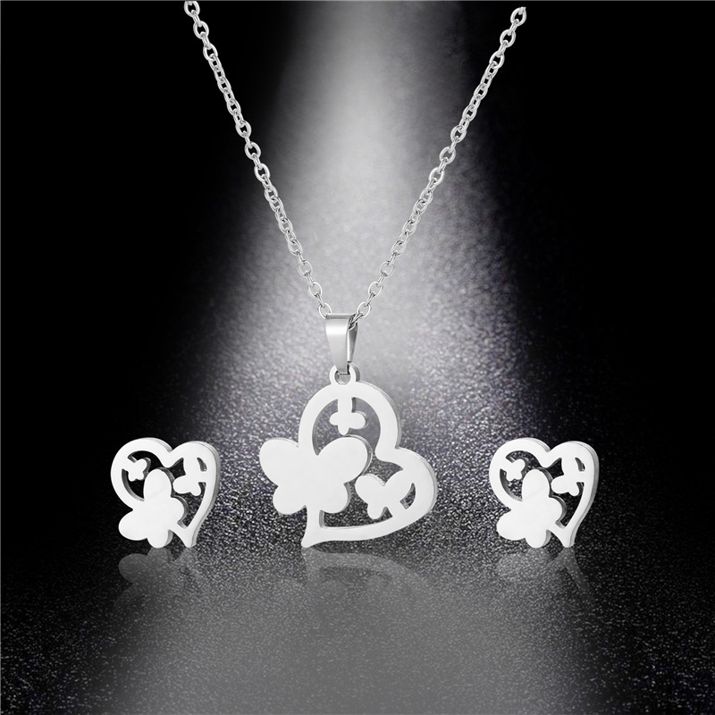 stainless steel heart-shaped necklace earrings set glossy cut love butterfly clavicle chain