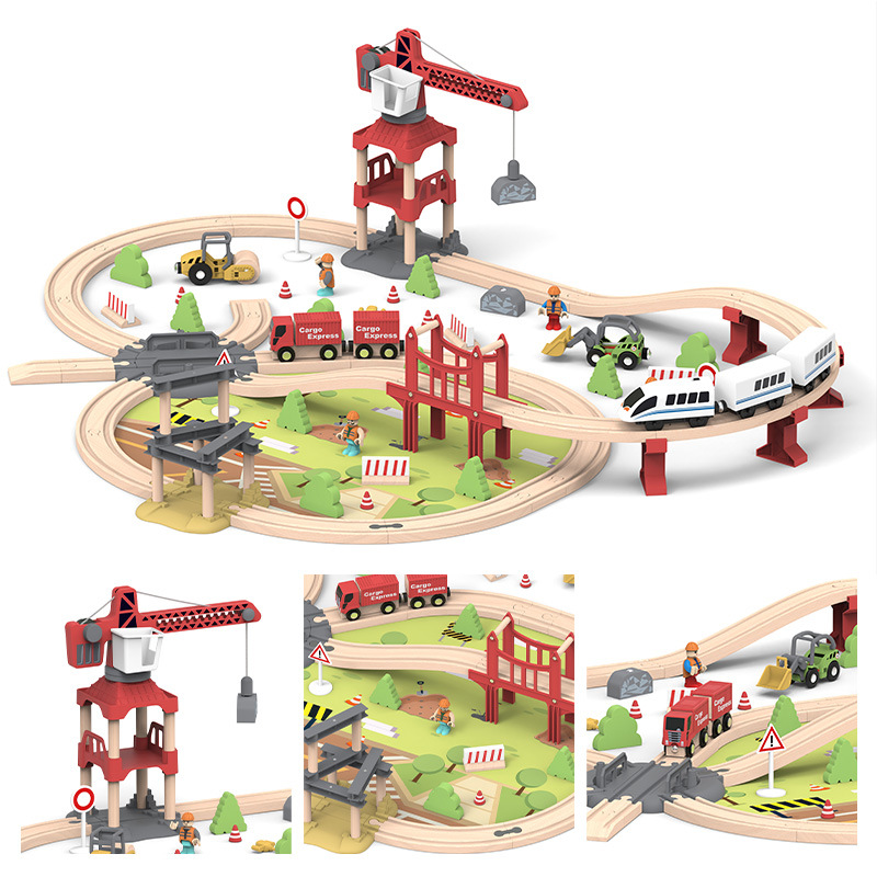 Children's wooden electric track train city engineering theme set boy educational building blocks assembled toy car