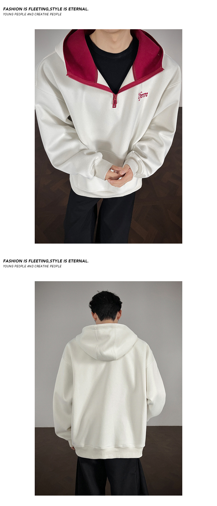 Felpa con cappuccio ricamata da uomo con zip in cotone pesante_voghion.com