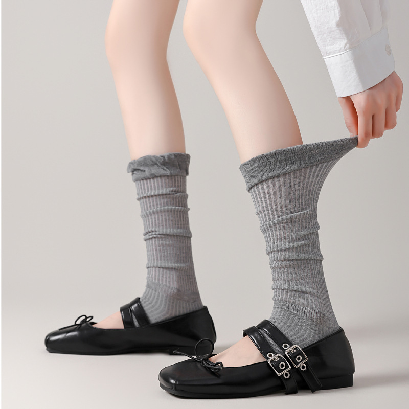 Magazine Style Spring and Summer New Thin Vertical Striped Socks, Mia Series Slouch Socks, Classic Black, White, and Gray Women's Socks