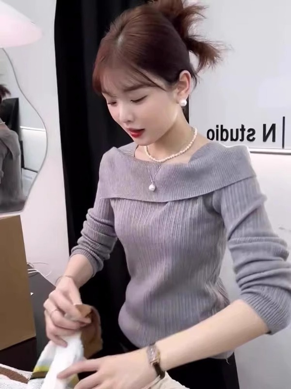 一字领针织衫洋气时髦气质秋季设计感小众毛衣别致套头通勤上衣女|undefined