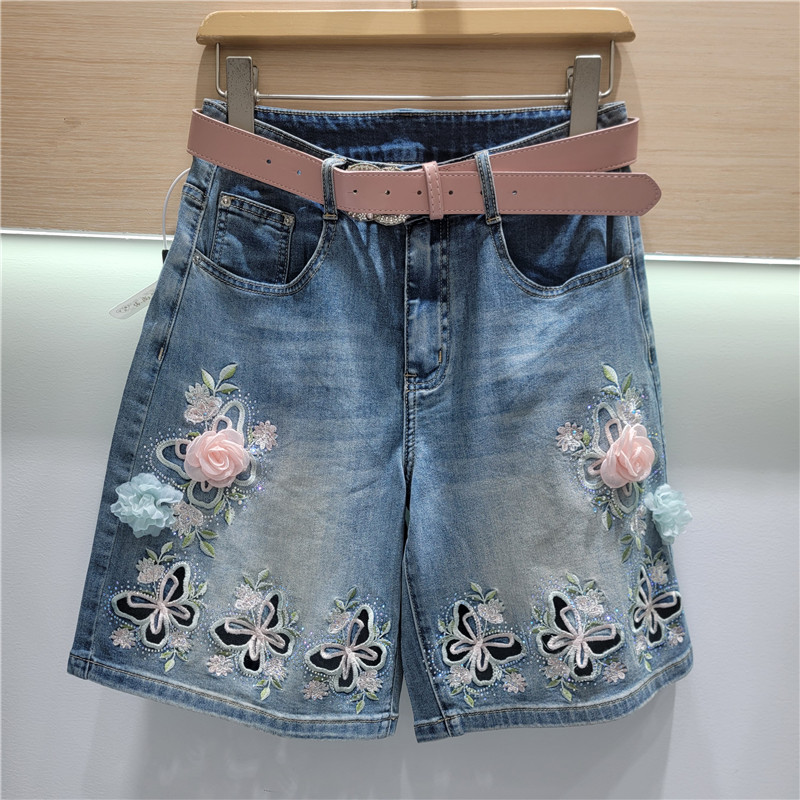 Shorts Bermudas de Denim con Bordado Calado y Tiro Alto para Mujer