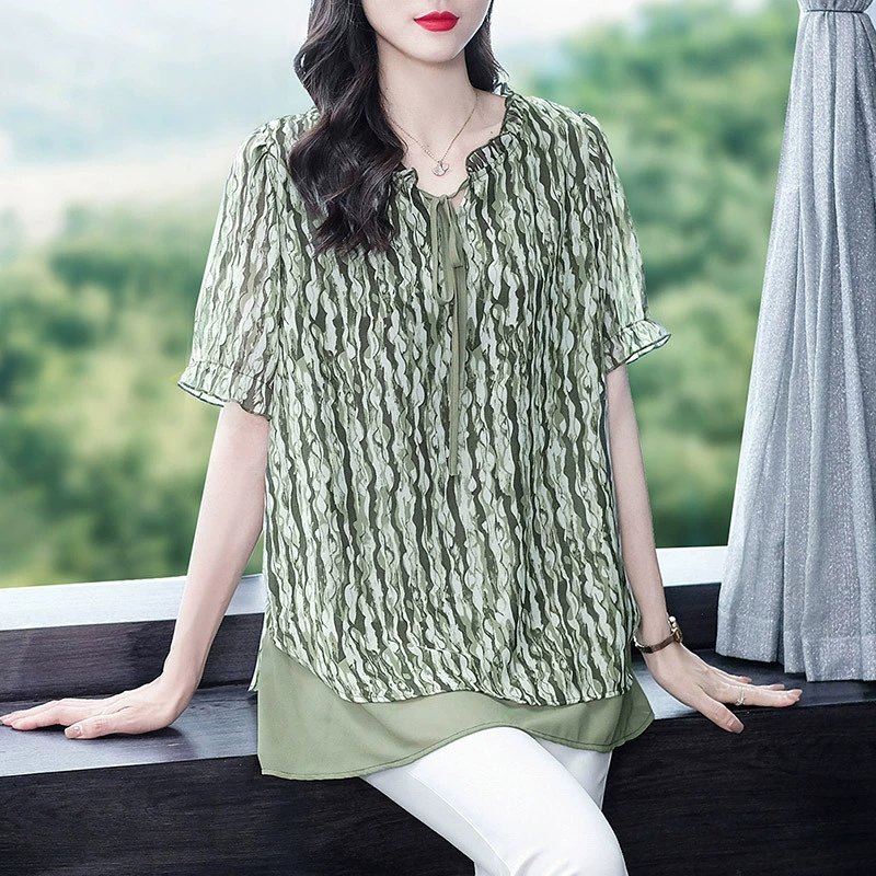 120kg Французские летние шифоновые рубашки с короткими рукавами и цветочным принтом в виде грибка, топы для женщин среднего и пожилого возраста, чтобы выглядеть тонким дизайном
