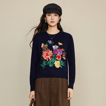 100%羊毛重工立体刺绣牡丹花针织衫圆领长袖套头毛衣2025秋冬新品