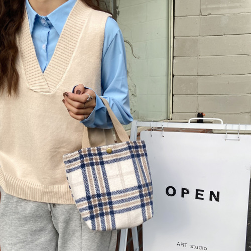 08181 Japanese and Korean simple ins woolen lunch bag literary and fresh plaid handbag striped retro women's bag